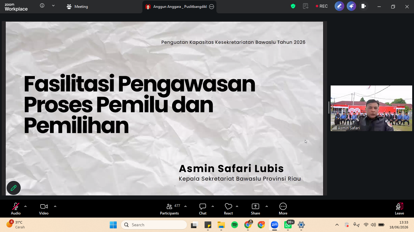 Pelatihan Penguatan Kesekretariatan Bawaslu Kabupaten Musi Banyuasin melalui Zoom Meetings.